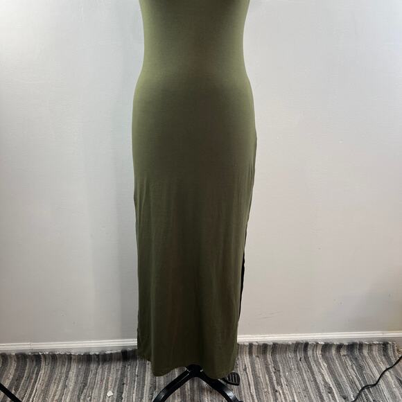THEORY Olive Green Bodycon Dress Stretch Side Slit Crew Neck Size S P Small - Picture 6 of 10